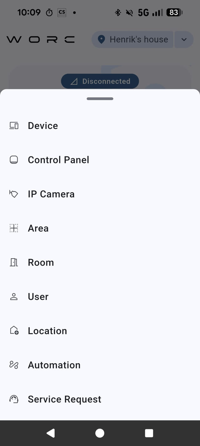 Management menu — devices, panels, cameras